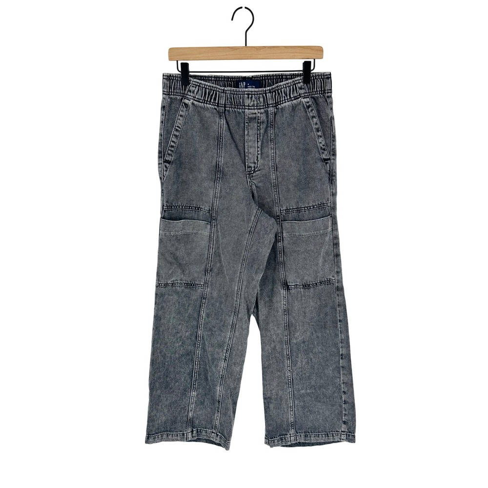GAP‎ Denim High Rise Wide Leg Cargo Black Acid Wash Medium Utility Streetwear